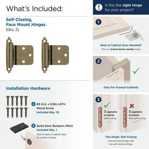 Burnished Brass Face Frame Cabinet Hinge Set With Variable Overlay And Reverse Bevel 30 Degree Self Closing Beefy Heavy Duty Steel 2 Pack For Cabinet Doors Easy Install with installation hardware kit.