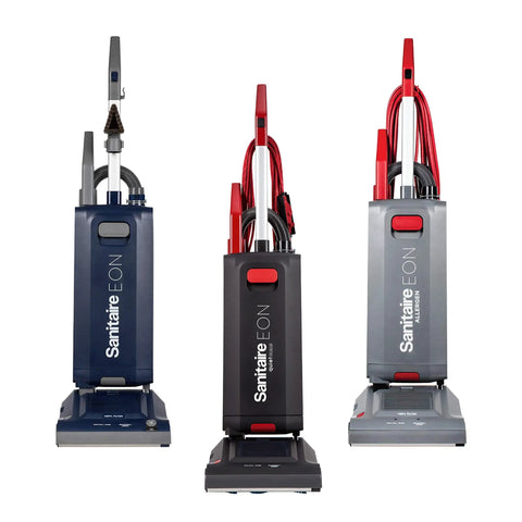 Three Sanitaire EON upright vacuums, compatible with RL Premium Heavy Duty Paper Bag 68104 Replacement For EON Upright Vacuums White.