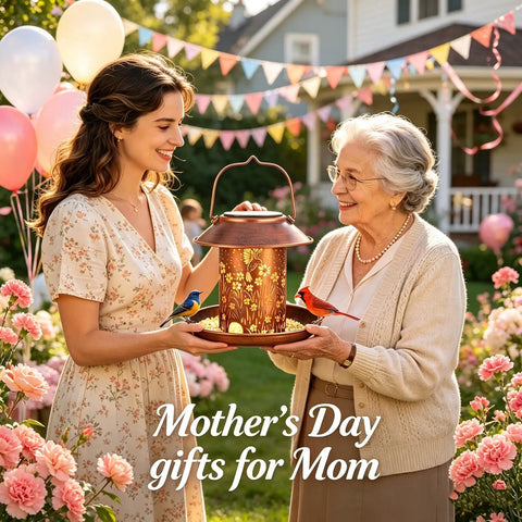 Two women in garden holding Solar Hummingbird Feeder Lantern Outdoor Garden Decor Waterproof Hanging Light Powered By Sun gift
