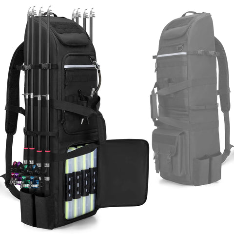 Rugged Fishing Backpack That Holds Eight Rods And Reels Tackle Box Ready Gear Bag With Two Large Compartments And One Small Zipper Pocket Durable Rod