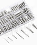 Boss Level 304 Stainless Steel Dowel Pin Assortment Featuring 180 Pieces Across Nine Sizes with varying lengths in storage box.