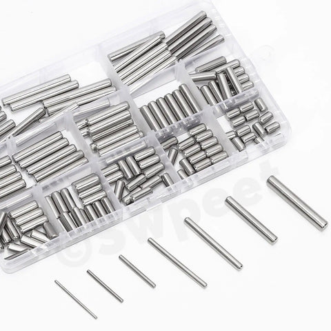 Boss Level 304 Stainless Steel Dowel Pin Assortment Featuring 180 Pieces Across Nine Sizes with varying lengths in storage box.