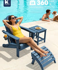 Woman lounging by poolside in navy wood grain texture folding Adirondack chair with hidden cup holder and matching footrest