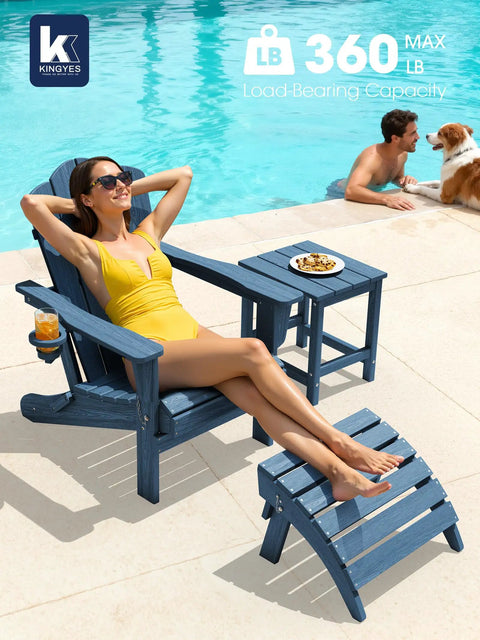 Woman lounging by poolside in navy wood grain texture folding Adirondack chair with hidden cup holder and matching footrest