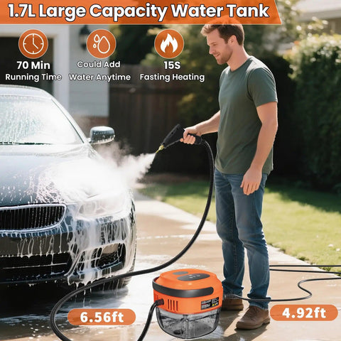Man using Hi-Temp Handheld Steam Cleaner 2500W With 3 Bar Pressure And 221F Quick Heat 1.7L Tank for car cleaning.