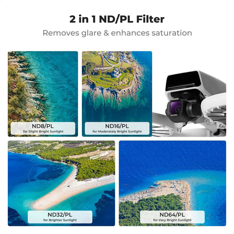 Hybrid ND And PL Drone Filter Kit For DJI Flip And Lito X1 Cameras with ND8 PL, ND16 PL, ND32 PL, ND64 PL filters and drone.
