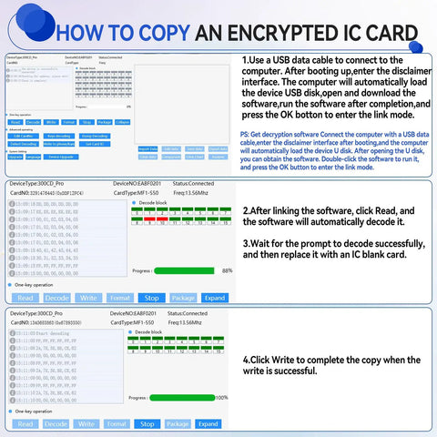 Instructional diagram showing how to use Multi-Frequency RFID Card Duplicator And Copier For Access Control, Home Security And Elevator Cards.