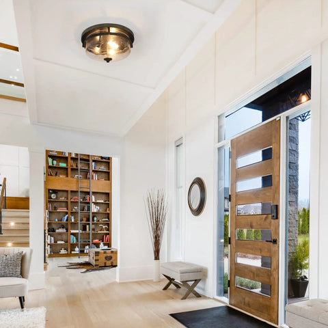 Farmhouse Flush Mount Ceiling Light With Faux Wood Finish And Seeded Glass Shade in modern living room entryway.