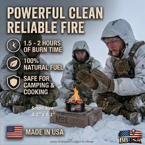Military personnel using Pocket Sized Bonfire In A Can Portable Campfire For Camping Picnics And Emergencies next to MRE box.