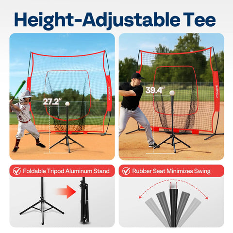 Backyard Baseball And Softball Batting Net 7x7 Ft Backstop For Hitting Pitching With Adjustable Tee and Red Net