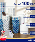 20 Oz Disposable Coffee Cups With Lids, Sleeves And Stirrers, Two Color Leaf Print Set displayed with blue and grey leaf design.