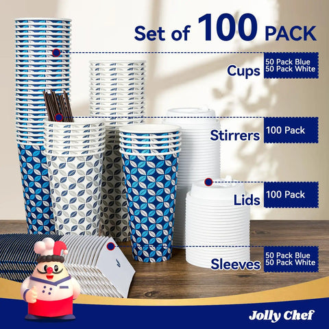 20 Oz Disposable Coffee Cups With Lids, Sleeves Set ✓