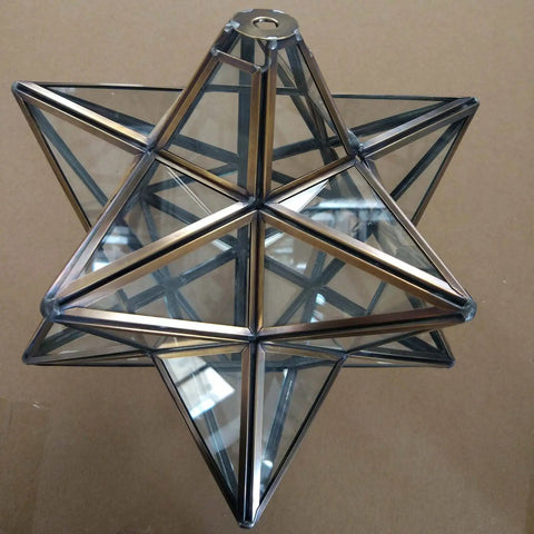 Clear Glass Moravian Star Tiffany Style Semi Flush Mount Ceiling Fixture 12 Inch With Classic Stained Glass Glow, top view.