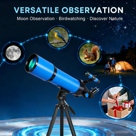 80mm Aperture 600mm Refractor Telescope For Beginners With AZ Tripod shown with night sky and nature observation features