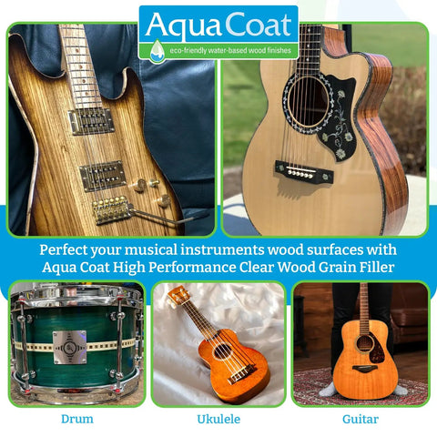 Hella Smooth Water Based Wood Grain Filler Gel With Easy Sanding And Rapid Dry Time used on acoustic guitar, ukulele, and drum.