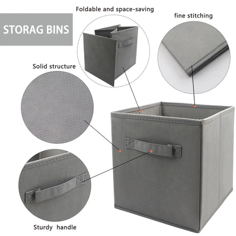 Three Pack Cube Storage Bins 9.0x7.5x7.5 Inches Foldable Fabric Closet Organizer with reinforced handles, gray color, detailed view.