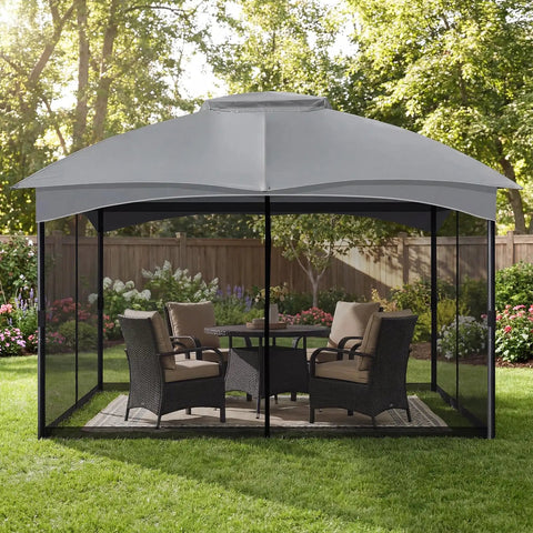 10x10 Gazebo Replacement Mesh Netting with Durable Polyester Screen, 4-Panel Sidewalls and Double Zippers, Installed in Backyard