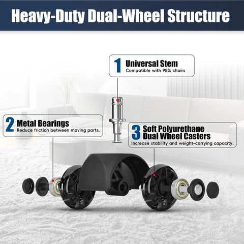 Two Point Five Inch Heavy Duty Office Chair Wheel Replacement Caster Set For Carpet And Hardwood Floors Universal Size 11x22mm Fits 99 Percent Of Office Gaming And Desk Chairs Not Suitable For IKEA Chairs Durable Black dual-wheel design details with components.