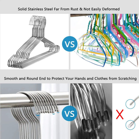 Comparison of stainless steel and plastic hangers, highlighting stainless steel wire coat hangers 10 pack, heavy-duty, ultra thin, rustproof.