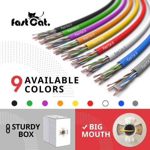 Category 6 Ethernet Cable 1000ft Blue 23 AWG variety in 9 colors with CMR insulated solid bare copper wire in sturdy box