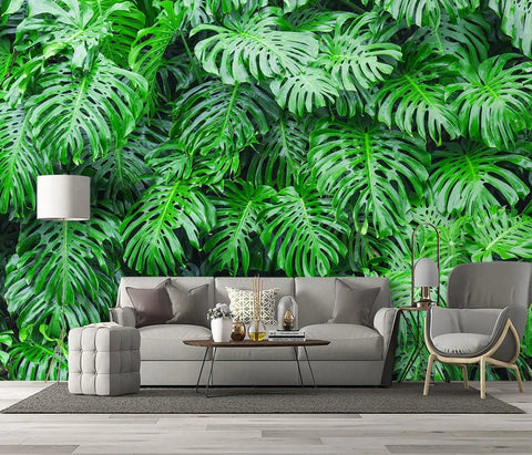 Living room with Tropical Botanical 3D Wall Mural With Green Leaf Monstera For Bedroom And Living Room Decor Large 183 By 120 Inch Fabric Wall Mural Divided Into Eight Panels Non Peel And Stick Requires Thick Wallpaper Adhesive