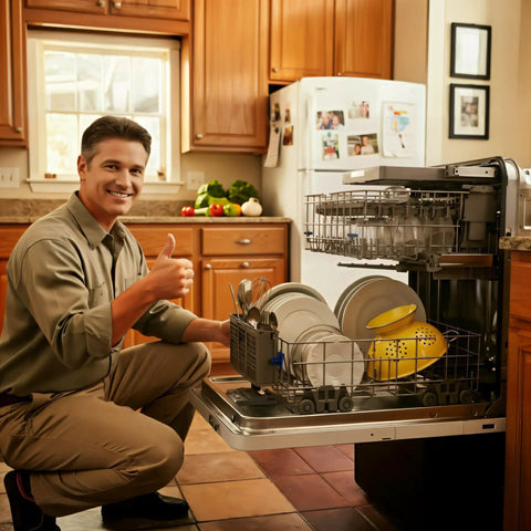 Smiling man showing Rust Resistant Dishwasher Lower Rack Wheels Replacement Pack Of 4 For Most Standard Dishwashers installed