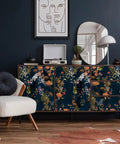 Midnight Blue Meadow Floral Peel And Stick Wallpaper on cabinets, removable vinyl with matte finish, 17.7 by 118 inches, wildflowers design.