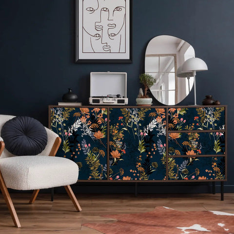 Midnight Blue Meadow Floral Peel And Stick Wallpaper on cabinets, removable vinyl with matte finish, 17.7 by 118 inches, wildflowers design.