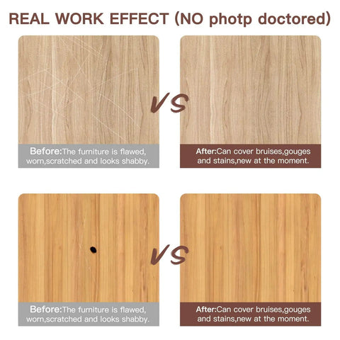 Side-by-side comparison of scratched and restored wood surfaces using Solid Wood Filler Sticks And Furniture Wax Crayons For A No Sweat Scratch Fix Touch Up Kit With Ten Versatile Colors For Laminate Hardwood Floors Cabinets And Easy DIY Repairs.