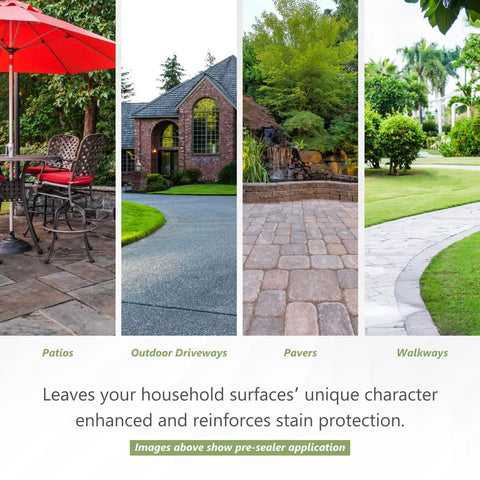 Hella Tough Semi Gloss Stone Sealer For Natural Stone Pavers Tile And Concrete With A Smooth Wet Look Finish That Keeps Oil And Water Spills At Bay Indoors Or Out Using A Water Based Formula For Serious Daily Protection In A One Gallon Size applied to various outdoor surfaces.
