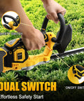 Cordless Hedge Trimmer For 20V Max Battery, 20 Inch Blade, brushless motor, highlighting dual switch safety feature.