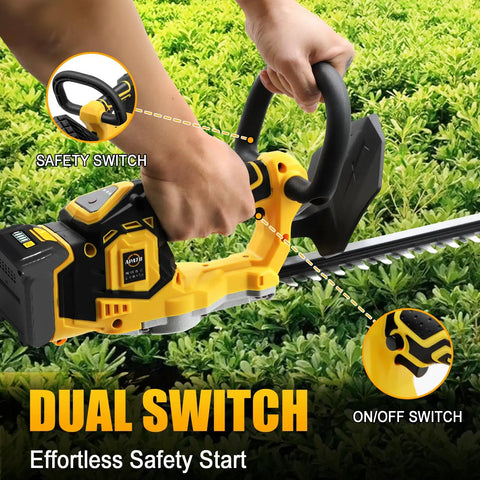 Cordless Hedge Trimmer For 20V Max Battery, 20 Inch Blade, brushless motor, highlighting dual switch safety feature.