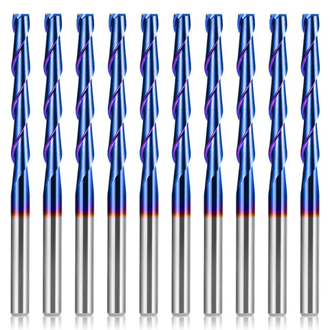 CNC Router Bits Set One Eighth Inch Shank Flat Nose Carbide End Mills Two Flute Spiral Upcut Milling Cutter Kit visible front view.