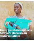 Person holding a blue water bucket with filtration system, promoting Sawyer's global clean water initiatives.