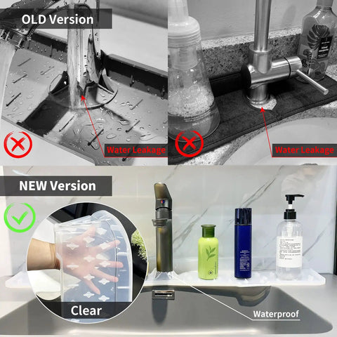 Comparison of old vs new XXL 30 Inch Silicone Faucet Mat Splash Guard Drip Catcher Tray with self-draining slopes in use.