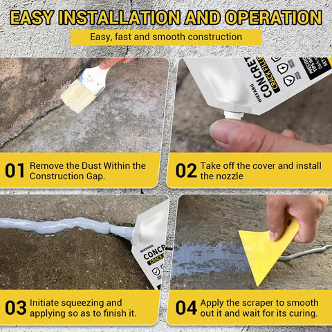 Steps to apply Self Leveling Concrete Crack Filler For Driveways And Patios using brush, nozzle, and scraper.