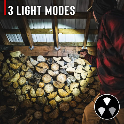 Person using G60R 1000 Lumen Waterproof Rechargeable LED Flashlight Two Pack With Twist Focus Optic to illuminate logs in a shed