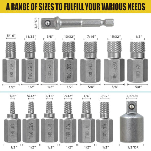 15 Piece Screw Extractor Kit With 3 By 8 Inch Drive For Hex Head Multi Spline Easy Out Allen Extractors displayed in various sizes
