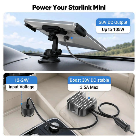 105W Car Power Adapter Cable With Step Up Converter From 12 24V To 30V Three Point Five Amp Boost shown with connections in vehicle