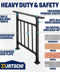 Heavy duty black wrought iron handrail with adjustable angles, featuring reinforced guardrail and triple welding points.