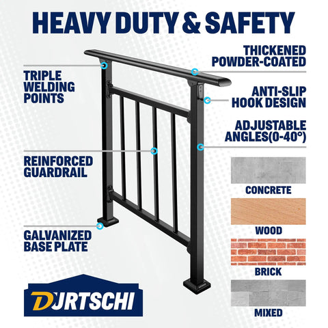 Heavy duty black wrought iron handrail with adjustable angles, featuring reinforced guardrail and triple welding points.