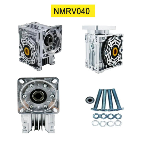 Front and side views of NMRV040 Beefy Worm Gearbox Reducer for NEMA 34 motors with 86x86 flange, bolts, and washers visible.