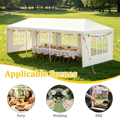 10x30 White Canopy Tent with 5 Removable Sidewalls and Windows set up for outdoor party with decorated table