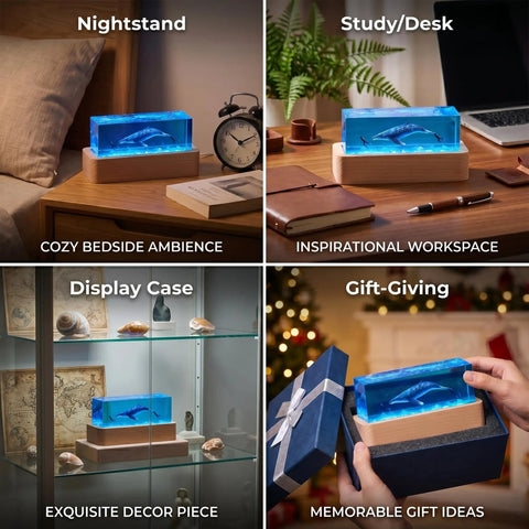 Ocean Scene Resin Night Light With Wood Base Usb Powered Lamp on nightstand, desk, display case, and gift box settings
