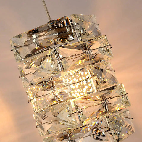Close-up of Lit Crystal Pendant Light 4 Light Modern Cluster Ceiling Fixture In Chrome With K9 Crystals and Steel Frame