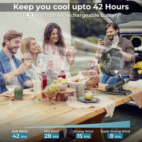 Outdoor gathering with 10000mAh Clip On Fan With 42 Hour Run Time Beast Mode Cooling Quiet Auto Oscillating Desk Fan Battery Operated