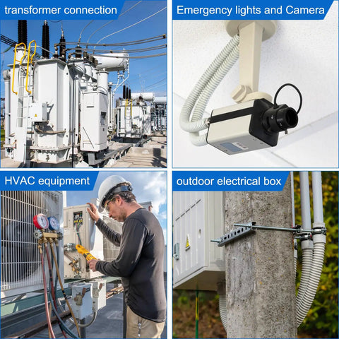 Collage showing uses of 20 Pcs M8x1.25 Cable Glands Adjustable 2.5-4.8mm PA6 Nylon IP68 Waterproof Seals in industrial settings