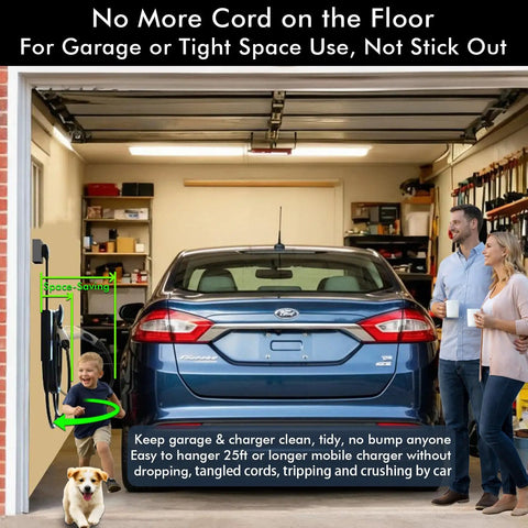 Swivel EV Charger Wall Mount For Tight Spaces Ditch The Cable Mess Keeps 25Ft J1772 Cord Off The Floor Does Not Protrude Trip Hazard Free Garage Organizer Hanger That Keeps Cables Out Of The Way in a garage with family.