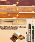 Furniture Repair Kit With Wax Melting Tool Display And Marker Pen for scratches and holes on wood surfaces before and after repair.
