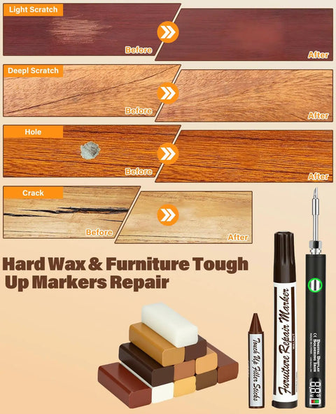 Furniture Repair Kit With Wax Melting Tool Display And Marker Pen for scratches and holes on wood surfaces before and after repair.
